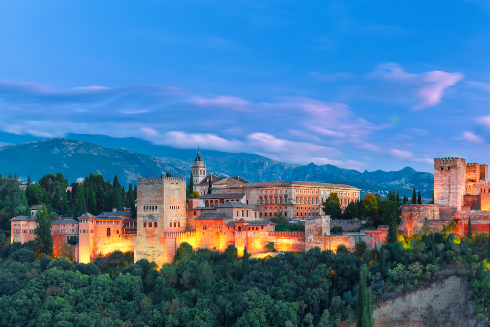 Night image of the Alhambra in Granada, Spain